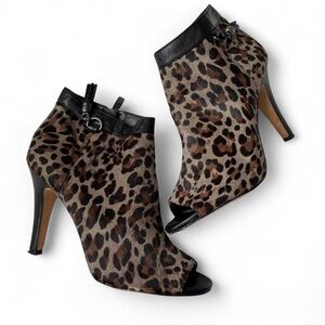Vince Camuto Cow Hair Leather Leopard Print Ankle Boots with Black Accents